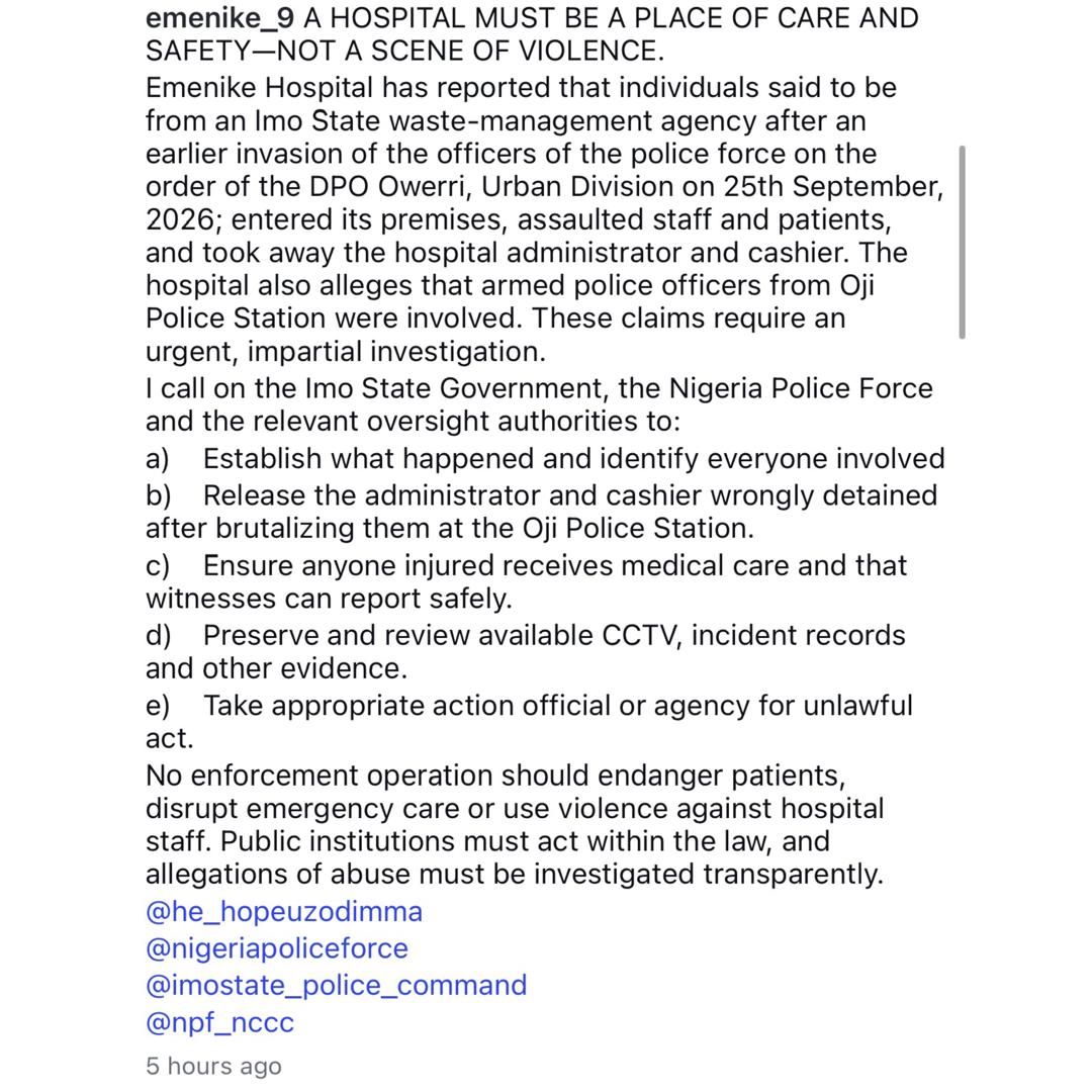 Ex Footballer Emmanuel Emenike calls out Imo police officers for invading his hospital and arresting his staff